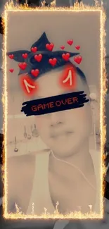 Edgy wallpaper with hearts and flames around 'Game Over' text.