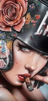 Woman wearing floral helmet with a cigar in a bold art style wallpaper.