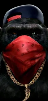 Gorilla wearing red bandana and cap with chain