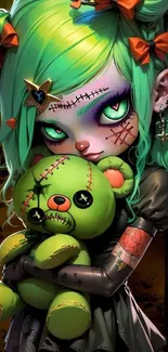 Gothic doll with green hair and stitched teddy bear.