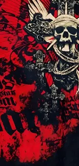 Gothic wallpaper with skull and cross in red and black tones.