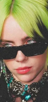 Stylish person with vibrant green hair and sunglasses.