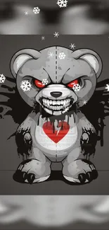 Edgy teddy bear with red eyes and heart symbol in dark, grunge style.