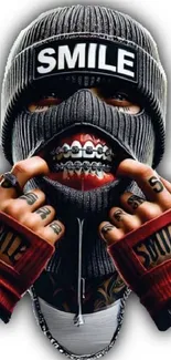 Masked figure with tattoos and smile beanie.