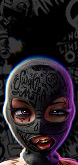 Graffiti-style masked character on black background.