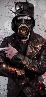 Masked figure in black leather with gas mask, urban style wallpaper.