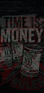 Edgy graffiti wallpaper with money theme and dark tones.