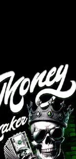Stylish skull with crown and money theme on black background.