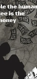 Silhouette with money on grunge wallpaper.