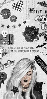 Monochrome goth wallpaper with art and text.