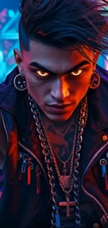 Intense punk character in neon city artwork.