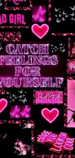 Neon pink edgy wallpaper with bold text and heart designs.