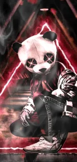 Edgy panda with neon red background in a striking mobile wallpaper.