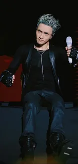 Performer on stage with edgy style holding a microphone.