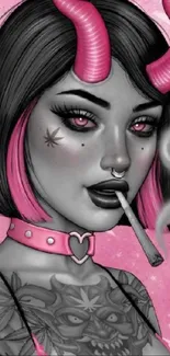 Art of a devil-inspired woman smoking in a pink theme.