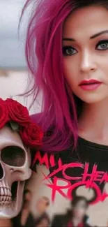 Pink-haired woman with rose-adorned skull and intense gaze.