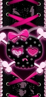 Edgy pink skull with heart and crossbones design.