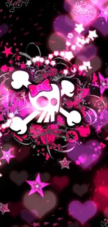 Pink skull with stars on black mobile wallpaper.