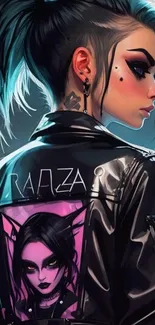 Edgy punk girl with teal hair and leather jacket.