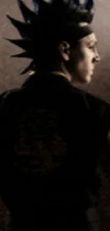 Silhouette of a punk with a mohawk on a dark brown background.