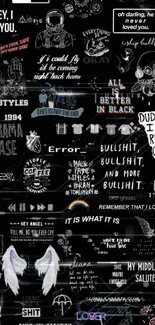 Edgy black collage wallpaper with quotes and gothic elements.