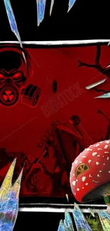 Abstract red wallpaper with gas mask and mushroom house design.