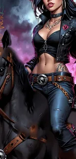 Edgy artwork of a stylish rider on horseback.