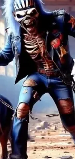 Skeleton in distressed denim with a bold, edgy look.