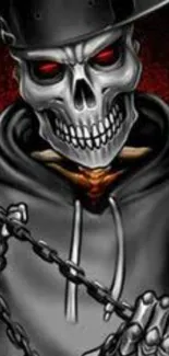 Skeleton in a hoodie holding chains with a dark, gothic background.