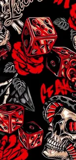 Skulls and dice with red roses on black background.