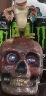 Edgy display of a skull and toy with Monster cans in the background.