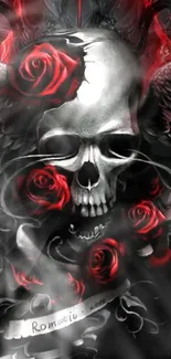 Edgy artwork of skull with roses and wings.