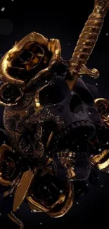 Golden roses entwine a skull and sword in a dark themed wallpaper.