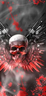 Edgy skull with red wings on black background wallpaper.