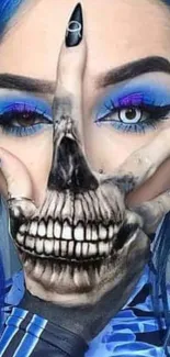 Edgy skull illusion blending with blue makeup on a phone wallpaper.