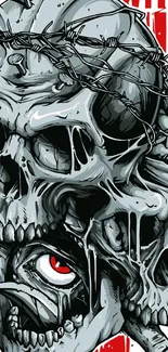 Edgy skull art wallpaper with red background.