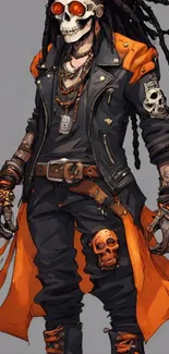 Edgy character with skull elements in vibrant orange and black attire for mobile wallpaper.