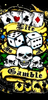 Edgy skull and dice mobile wallpaper with playing cards.