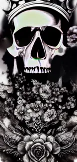 Stylish black and white skull with flowers mobile wallpaper design.