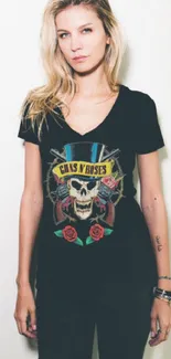 Edgy skull graphic tee with vibrant roses.