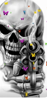 Monochrome skull holding a gun, smoky effect.