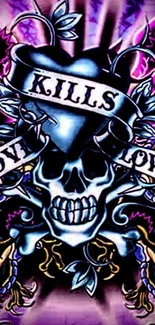 Edgy skull love mobile wallpaper with vibrant colors.