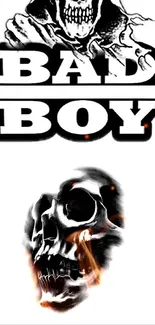 Edgy black and white skull wallpaper with bold text 'Bad Boy'