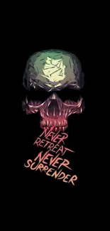 Motivational skull wallpaper with the words 'Never Retreat, Never Surrender'.