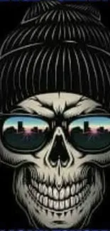 Skull wearing a beanie and reflective sunglasses on a black background.