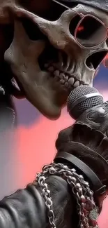 Skull-headed rocker with microphone wallpaper.