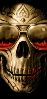 Skull with sunglasses on dark background, fiery details.