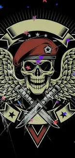 Edgy skull and wings with red beret on black background.