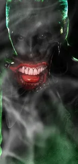 Dark mobile wallpaper with green smoke and stylized red mouth.