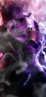 Mobile wallpaper with masked figure in colorful smoke, featuring purple and black hues.